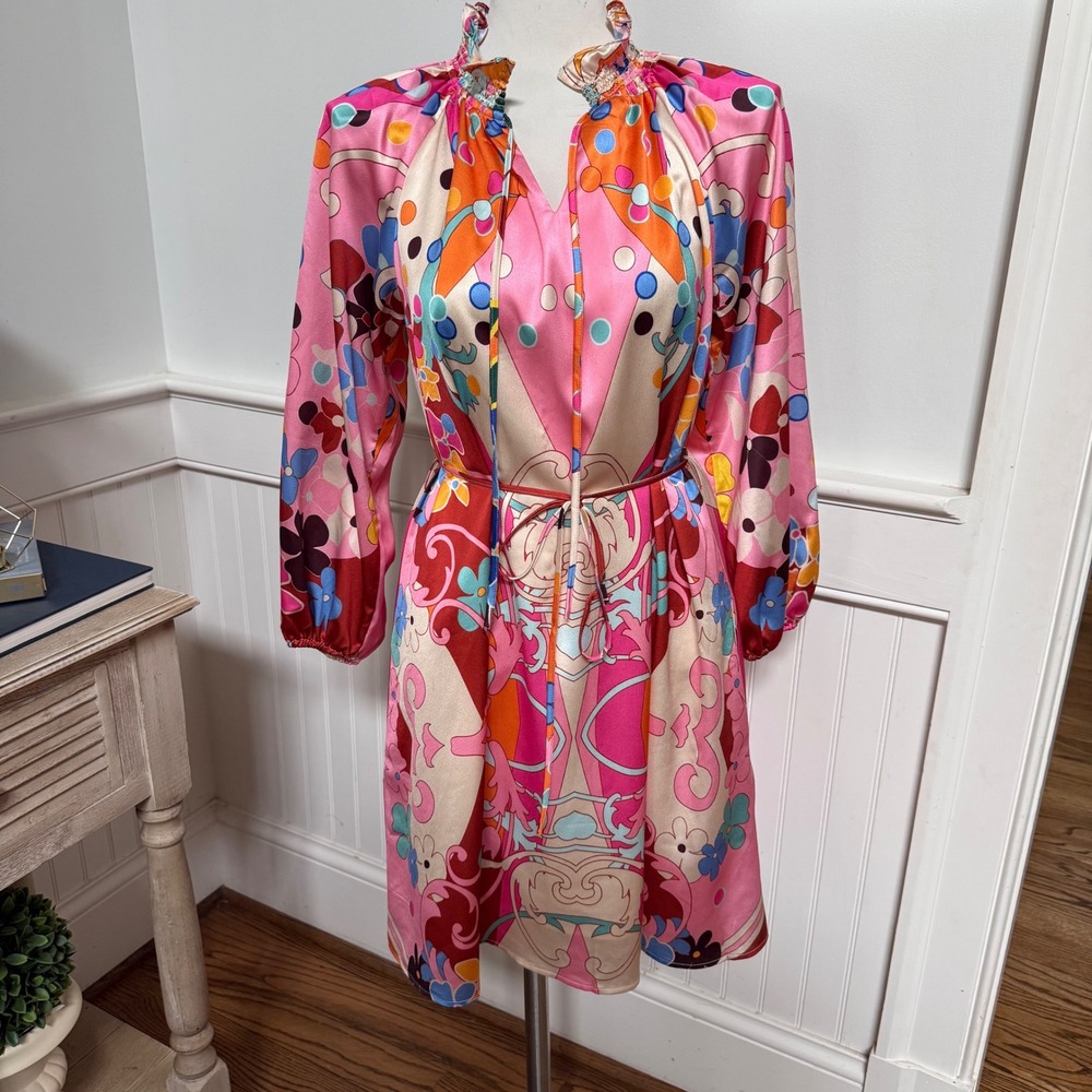 Ciebon Pink Psychedelic Floral Mod Mini Dress Smocked Neck Tie Waist XS